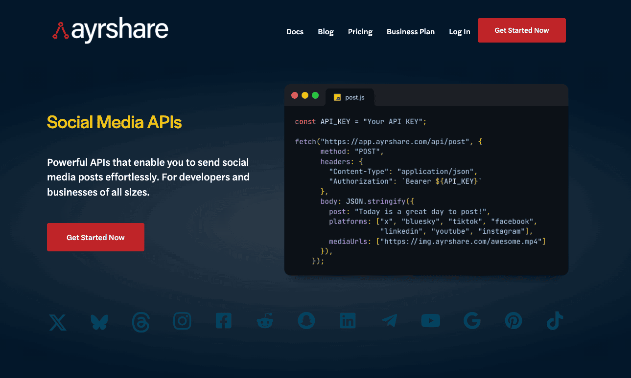 Ayrshare homepage showing Social Media APIs and code example