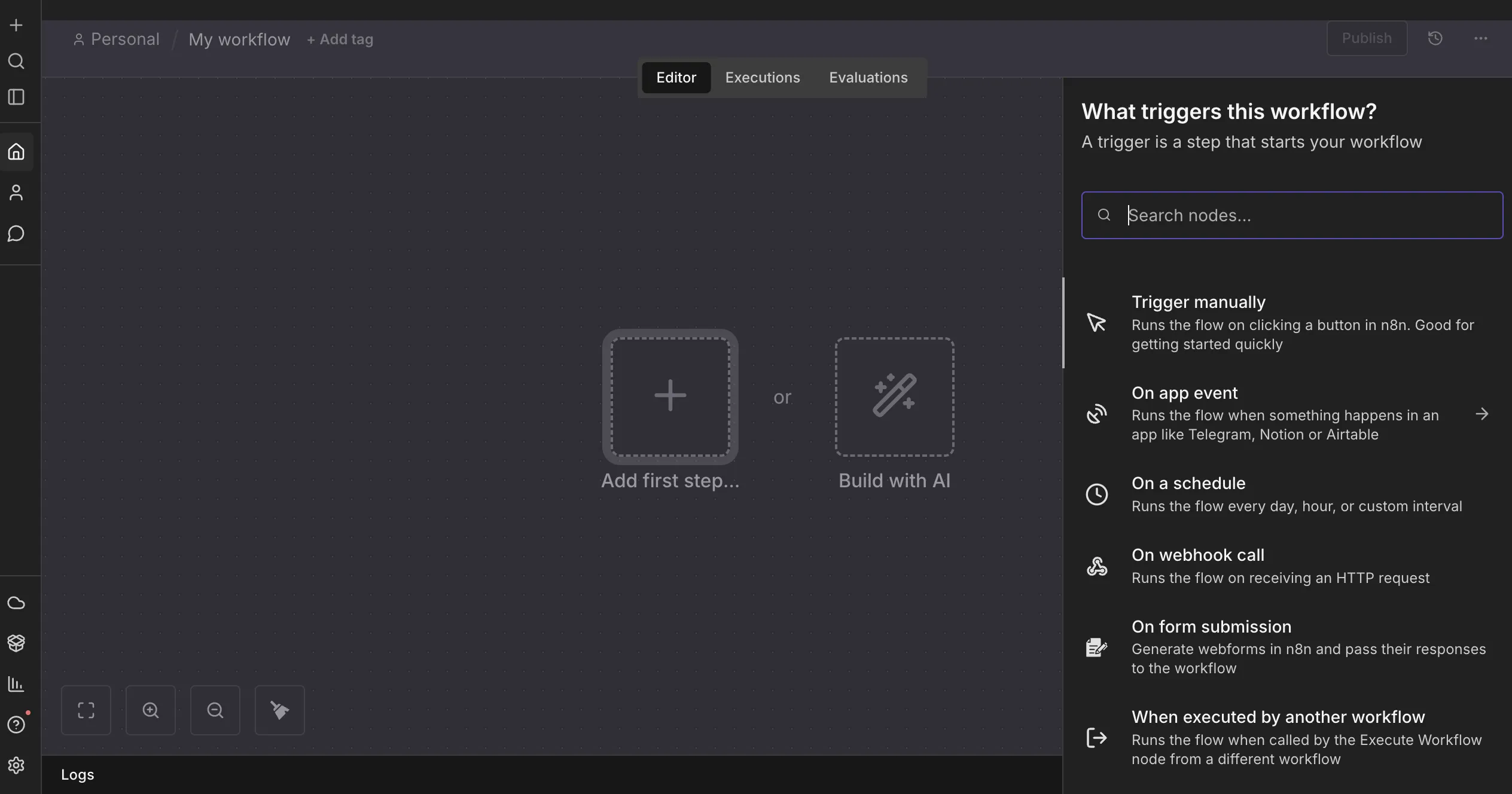 Select manual trigger in n8n