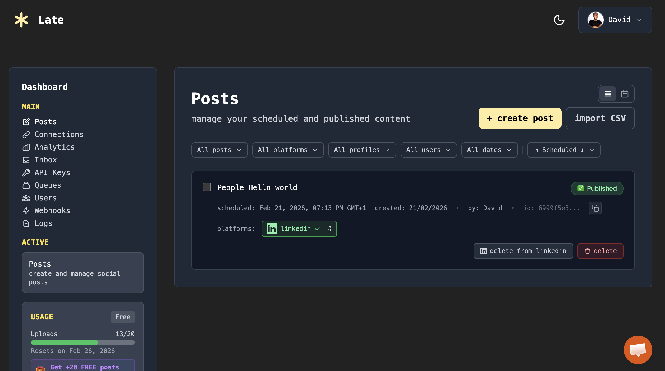 Published post status in Late dashboard