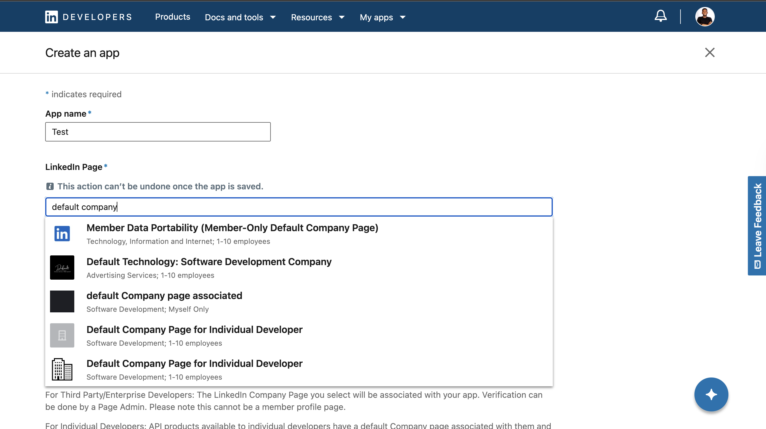 LinkedIn application details configuration