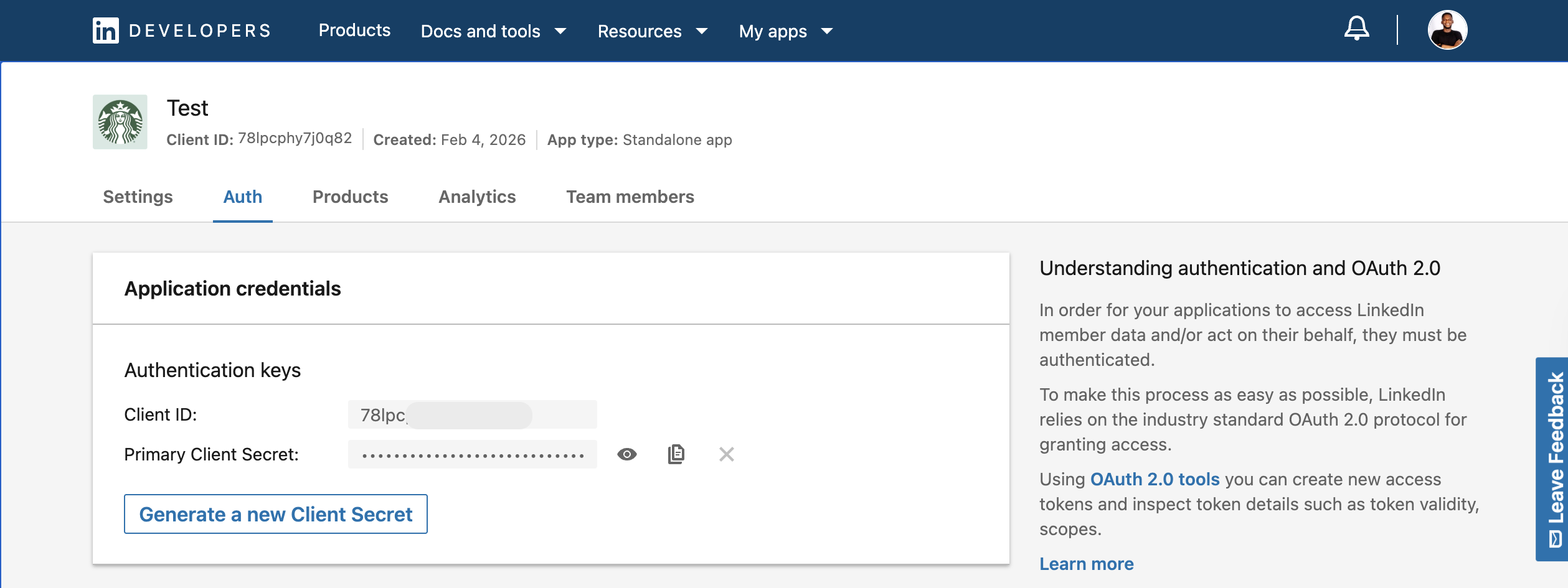 LinkedIn application client ID and secret