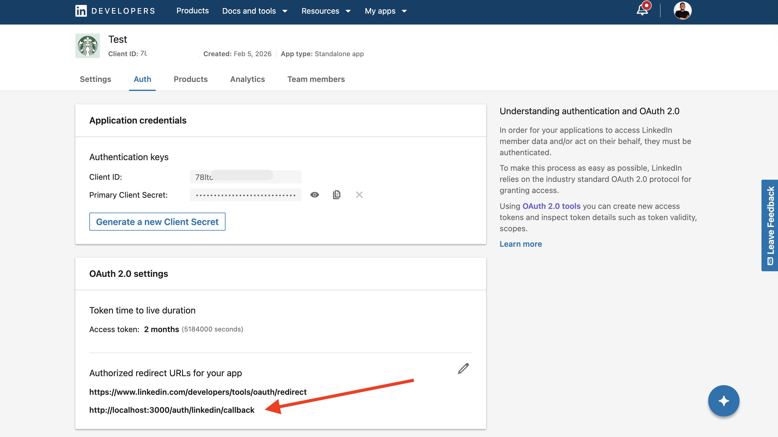 Configure LinkedIn OAuth redirect URL
