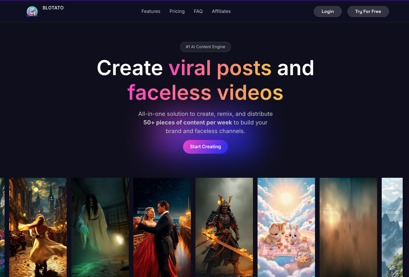 Blotato homepage showing AI content studio and faceless video examples