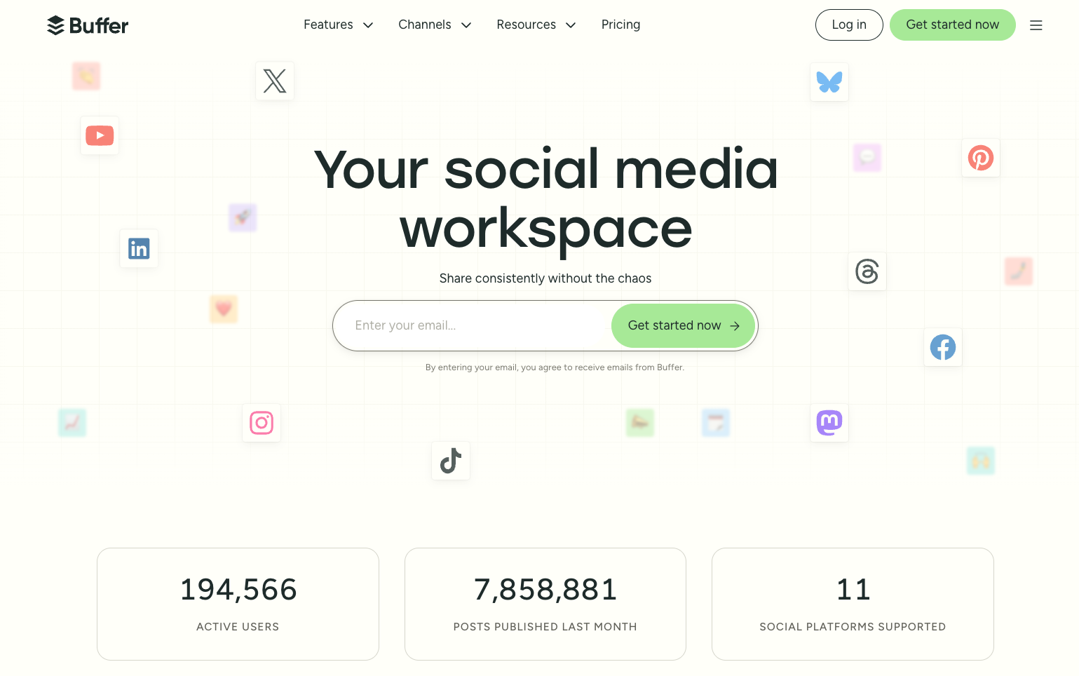 Buffer homepage showing their social media workspace with manual scheduling interface
