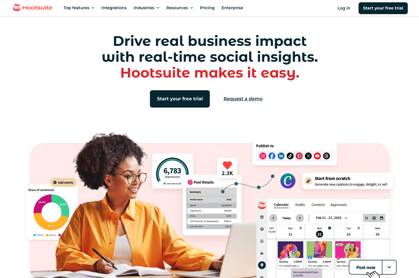 Hootsuite homepage showing enterprise social media management platform with analytics and insights