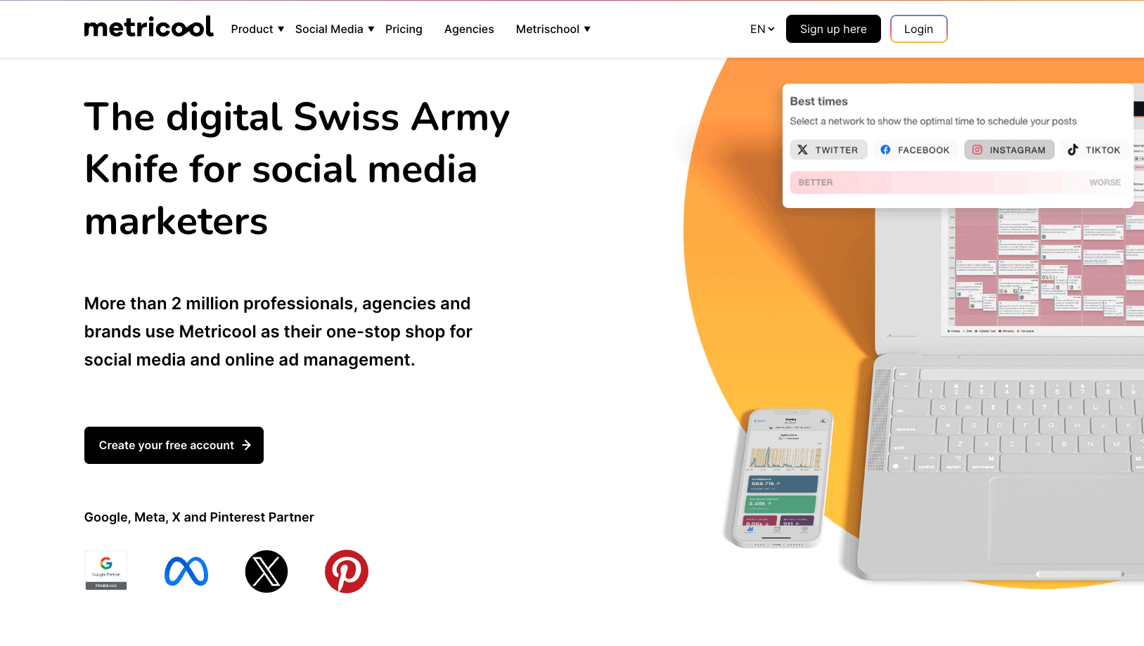 Metricool homepage showing planner calendar and analytics widgets for social media management