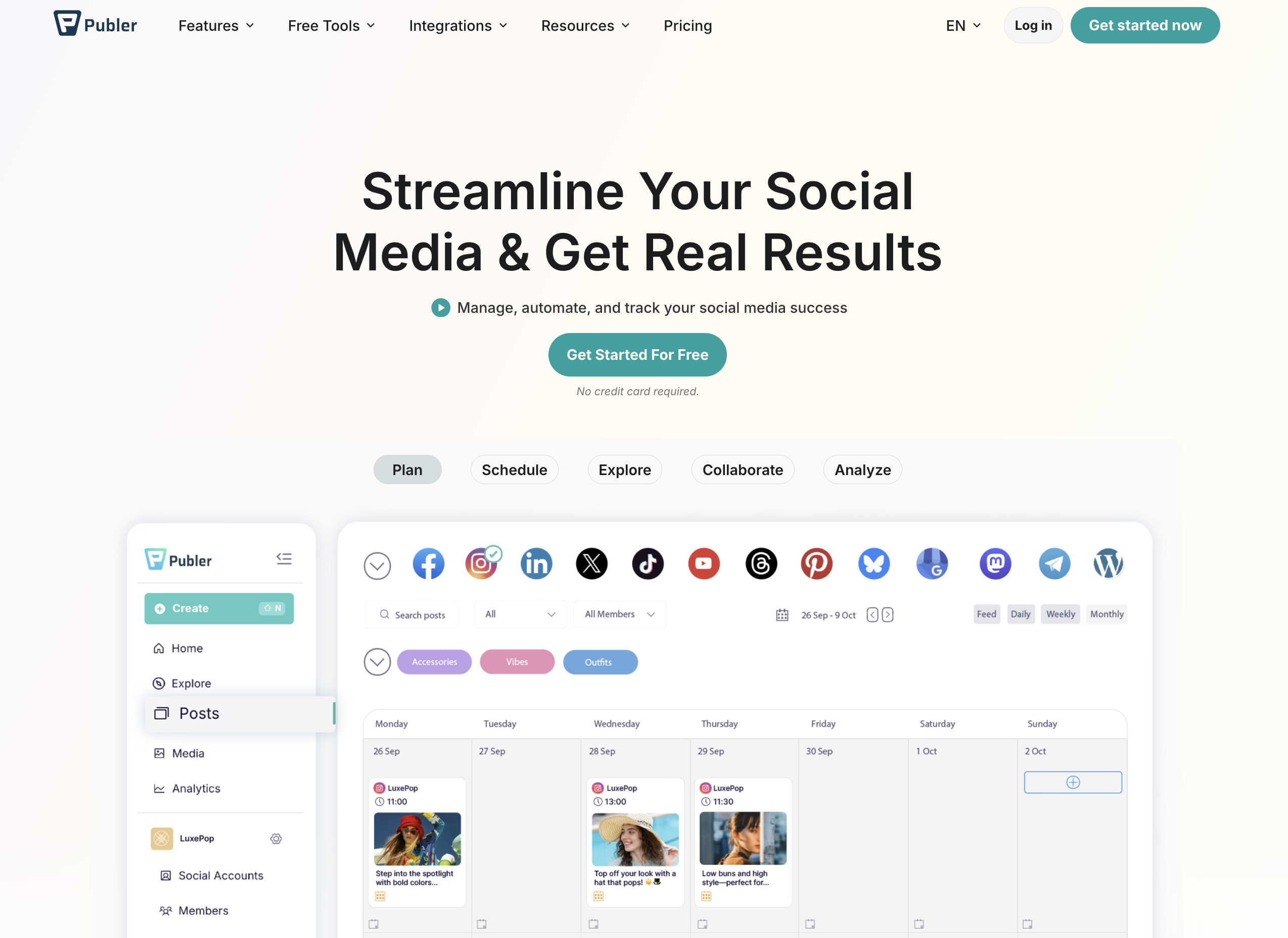 Publer homepage showing social media management dashboard with content calendar and multi-platform posting