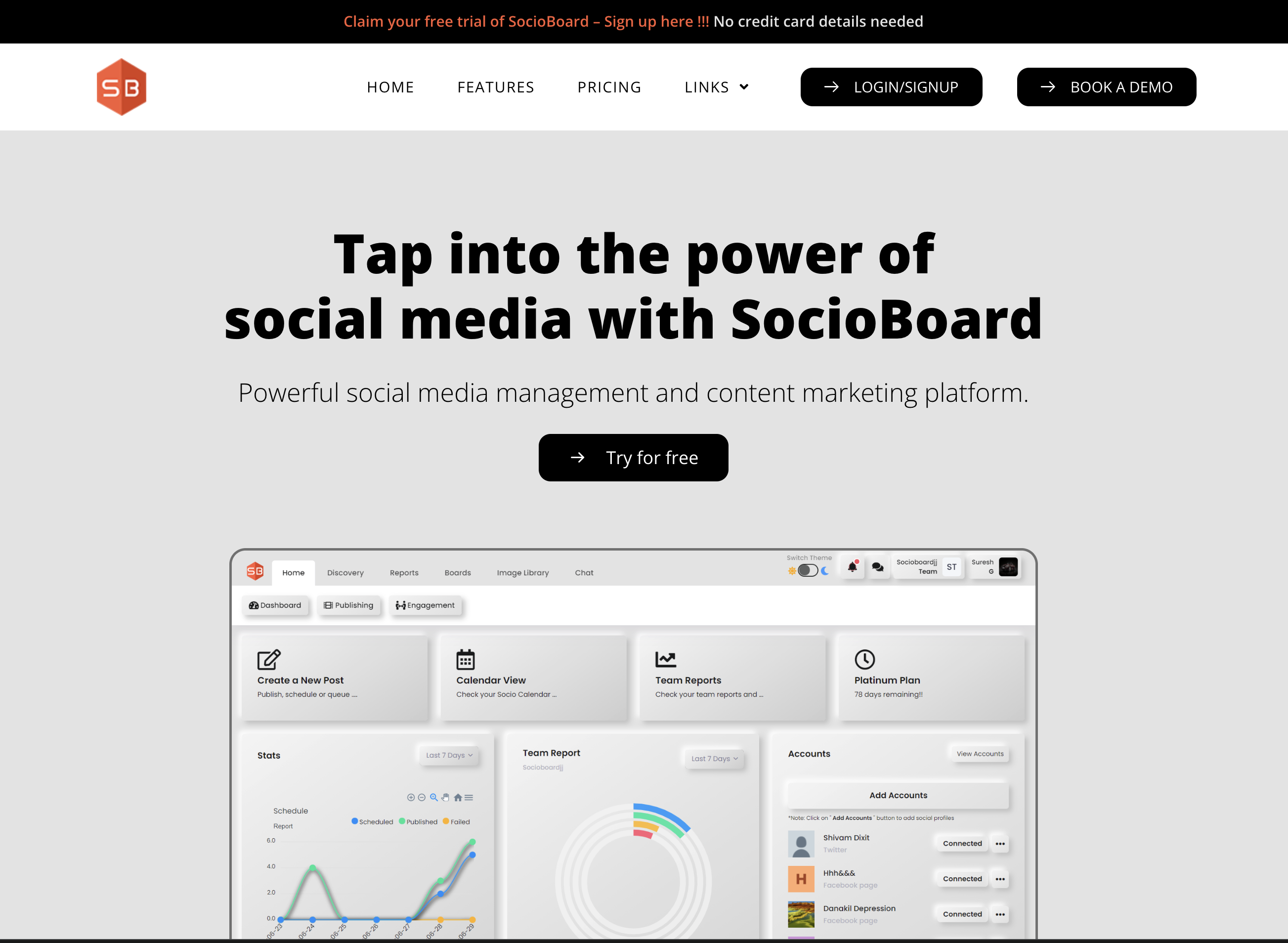 Socioboard homepage showing open-source social media management features