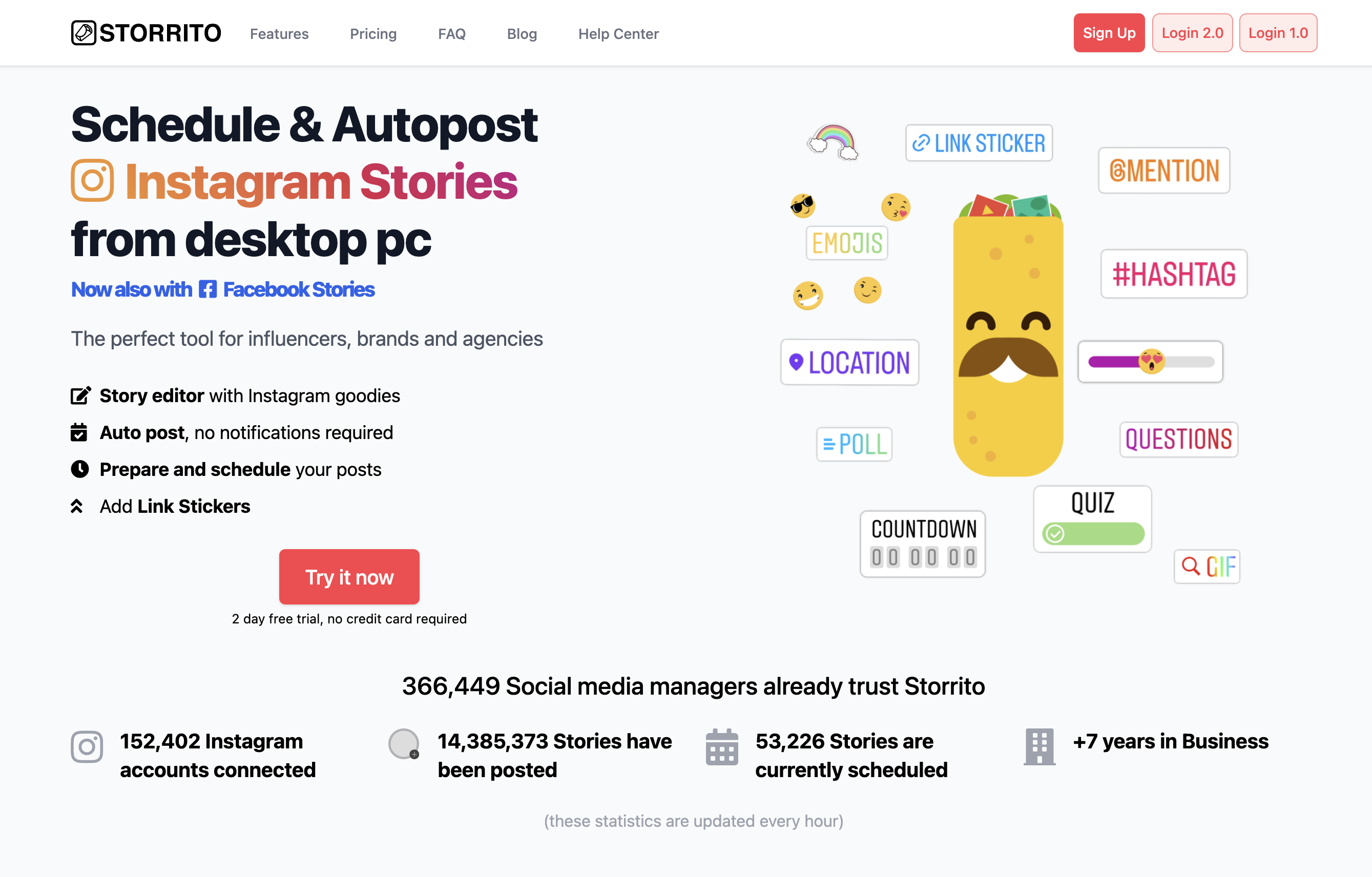 Storrito homepage showing Instagram Stories scheduling features